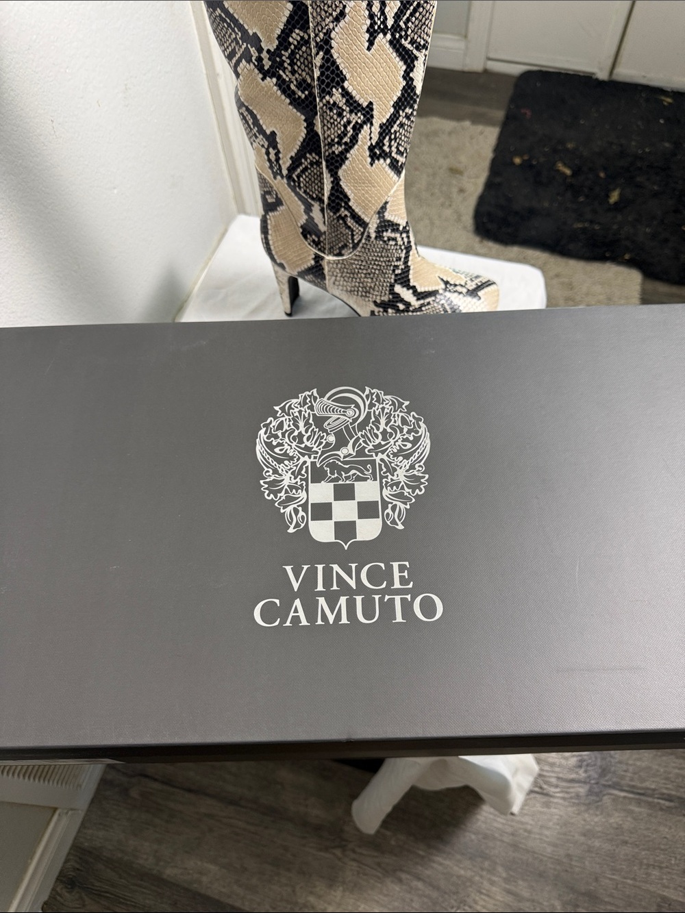 New Vince Camuto Beige and Black Snake-Print Knee Boots - Picture 8 of 9